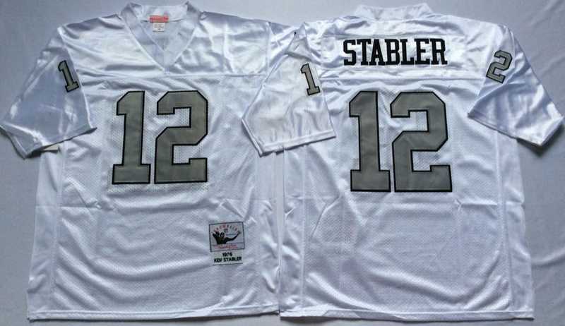 Raiders 12 Ken Stabler White Silver M&N Throwback Jersey->nfl m&n throwback->NFL Jersey